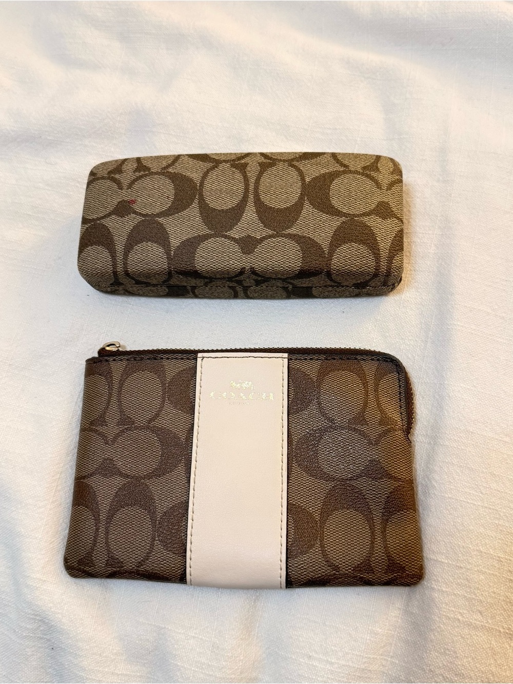 Coach Brown Signature Canvas Zip Pouch with Cream Center Stripe